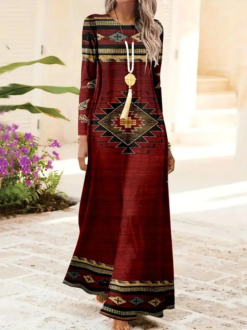 European And American Long Sleeve Artistic Retro Geometric Printed Round Neck Pullover Dress 