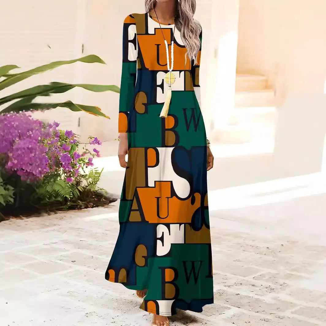 European And American Long Sleeve Artistic Retro Geometric Printed Round Neck Pullover Dress 