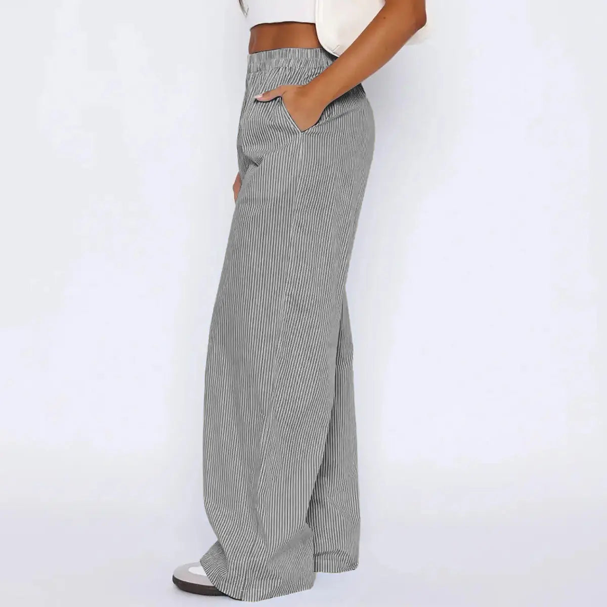 Striped Trousers With Pockets Ins Fashion Casual Wide Leg Straight Pants For Women Clothing 