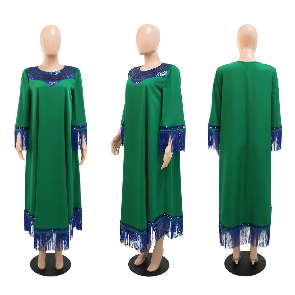 Morocco Women Sequins Tassel Muslim Abaya Kaftan Evening Dress 