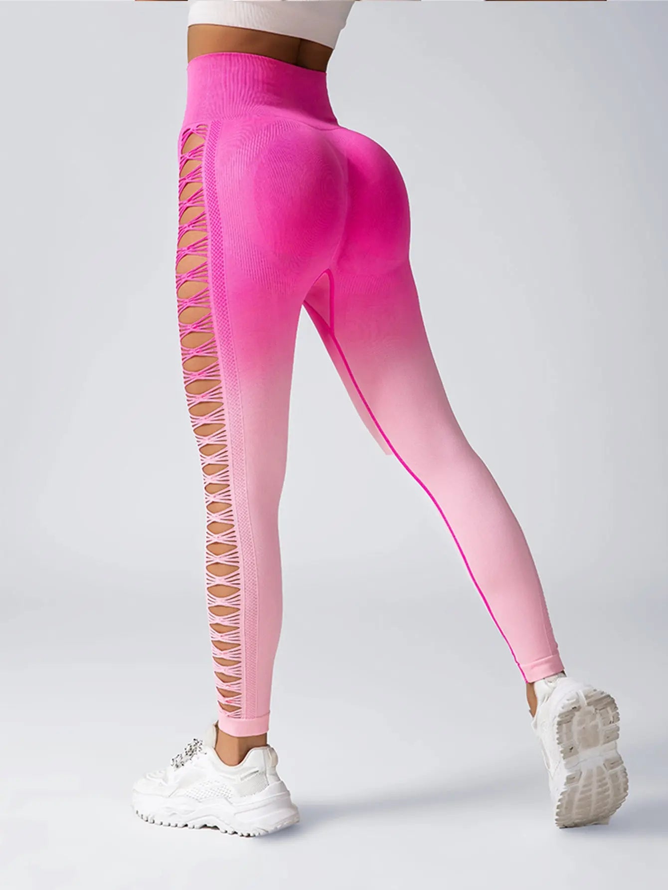 Women's High-Waisted Gradient Yoga Pants, Cutout Leggings, Booty Lifting, Athletic Long Tights For Fitness Workout, Breathable Sportswear 