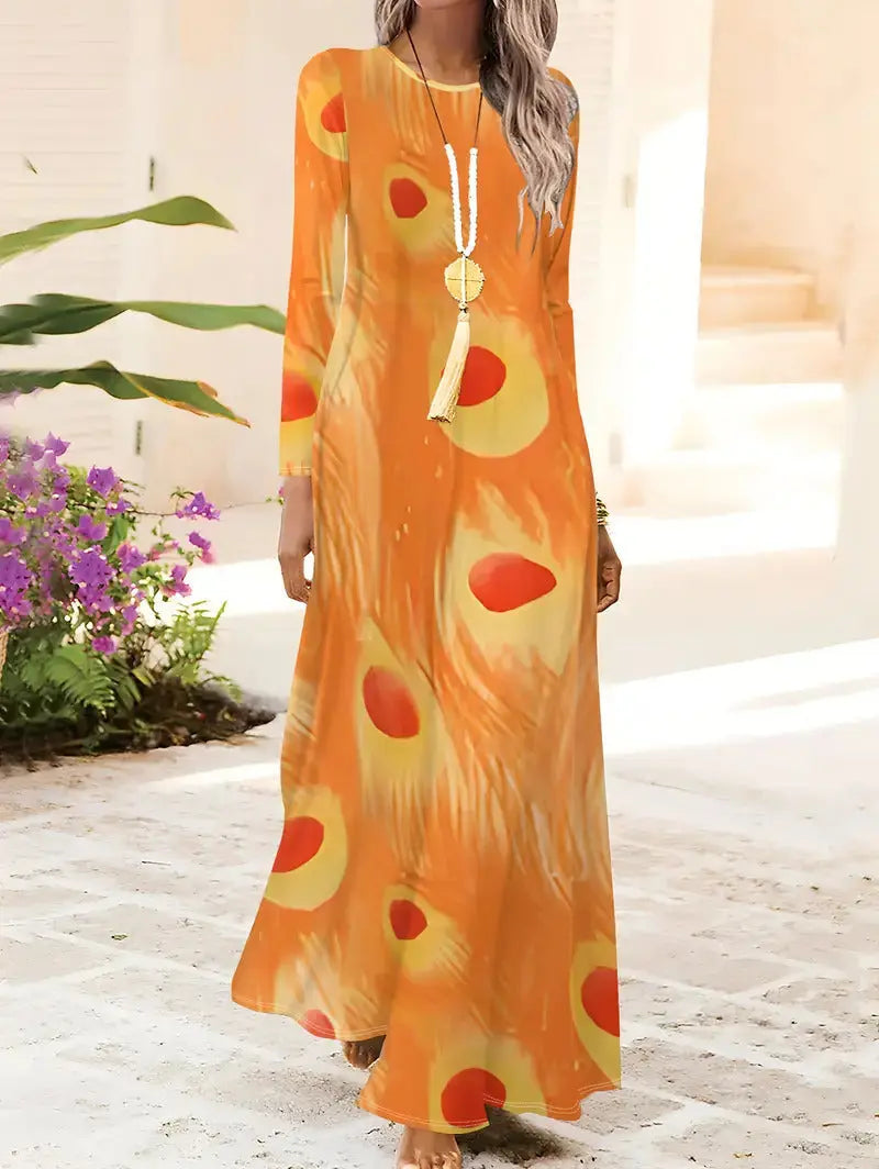 European And American Long Sleeve Artistic Retro Geometric Printed Round Neck Pullover Dress 