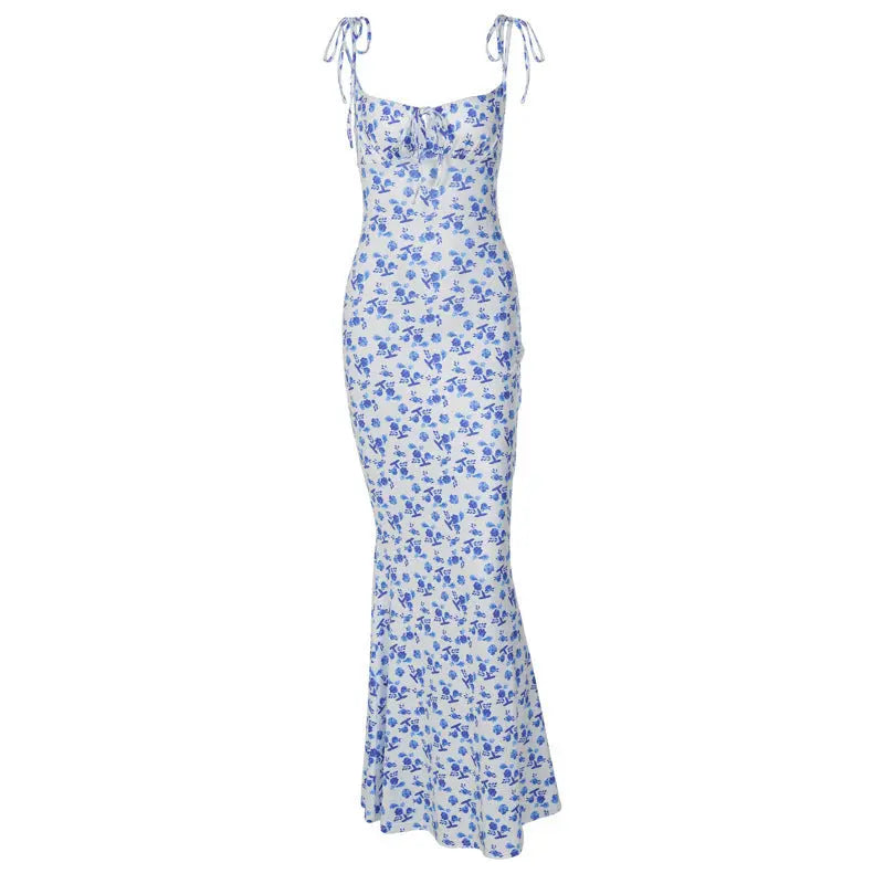 Fashion Flowers Print Suspender Long Dress Summer Lace-up Slim Backless Dresses For Women 
