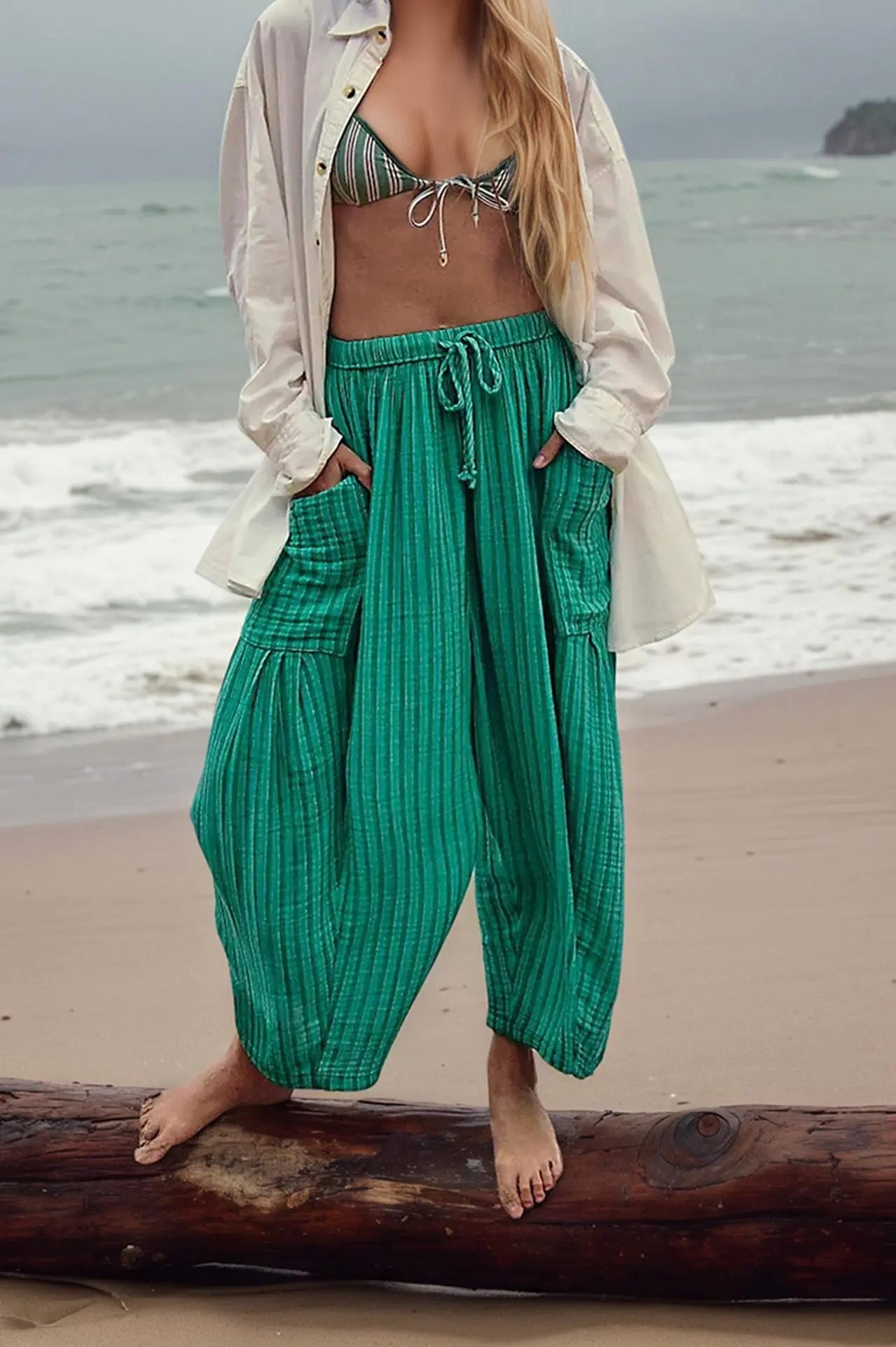 Striped Straight-leg Pants Elastic Waist Cropped Pleated Pants 