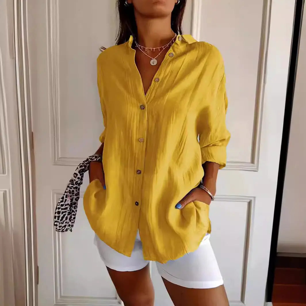 Lapel Long Sleeve Shirt Women's Single-breasted Pleated Shirt 