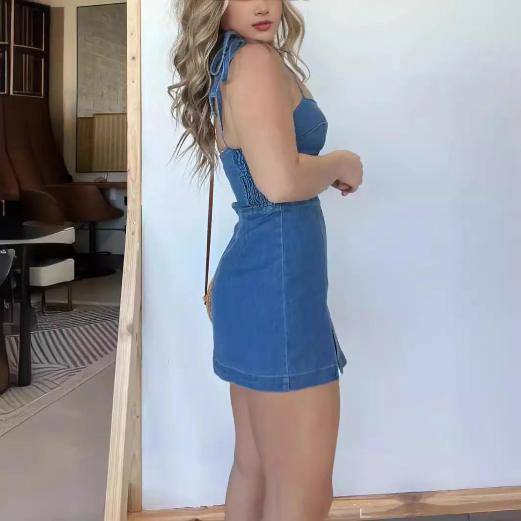 Square Neck Split Denim Dress With Back Zipper Design 