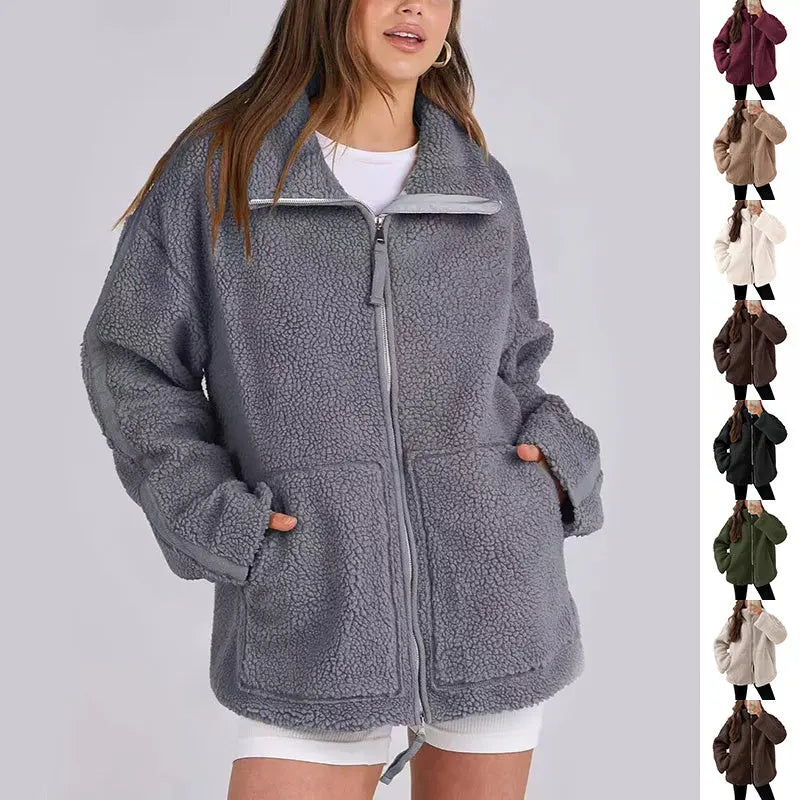 Winter Lapel Zip-up Coat With Pockets Casual Fashion 
