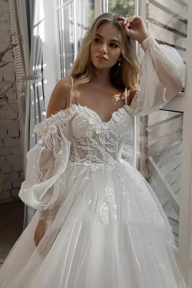 Boho Bride Gown Puff Sleeve Off Shoulder Wedding Dresses 