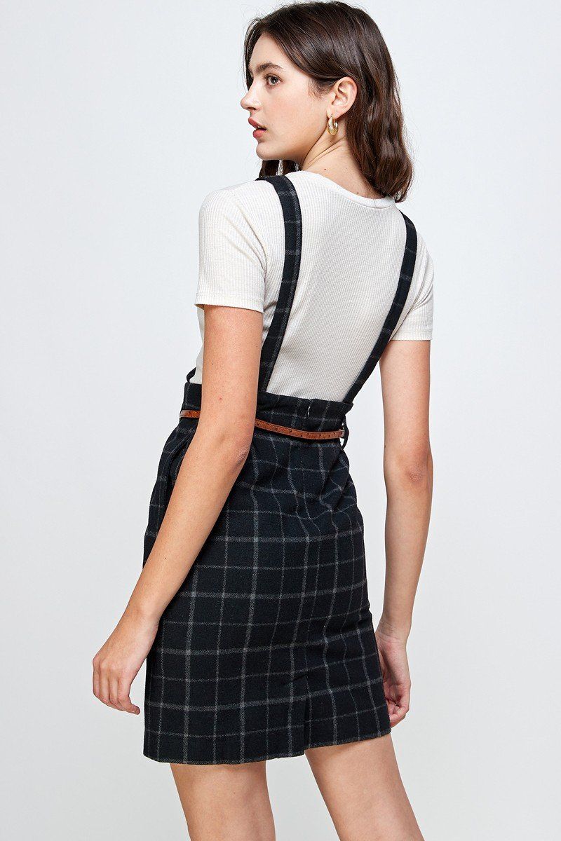 Plaid Suspender Skirt with Belt Detail