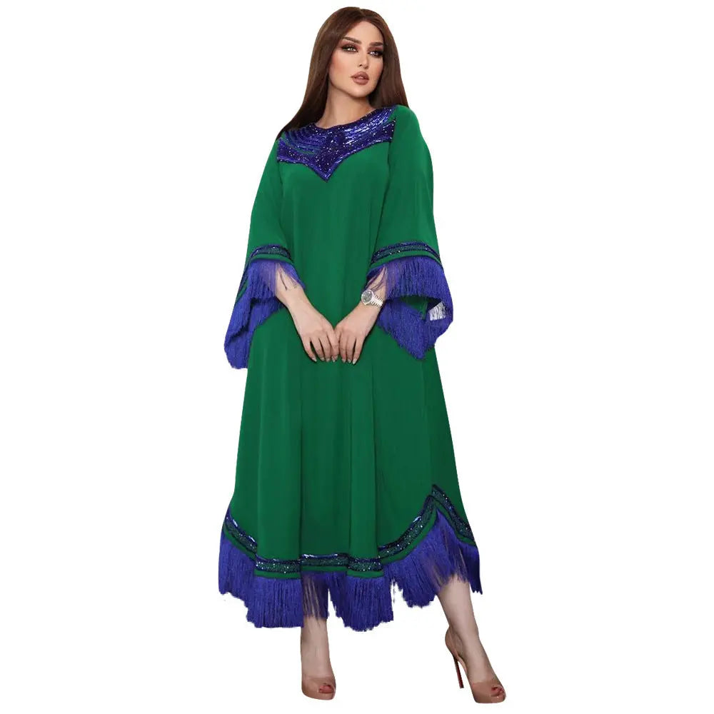 Morocco Women Sequins Tassel Muslim Abaya Kaftan Evening Dress 