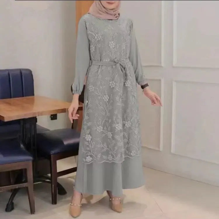 Muslim Round Neck Lace Floral Dress 