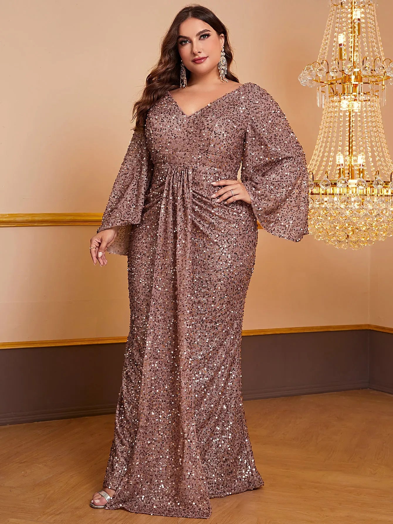 Women's Sequin Long Sleeved V-neck Pleated Dress 
