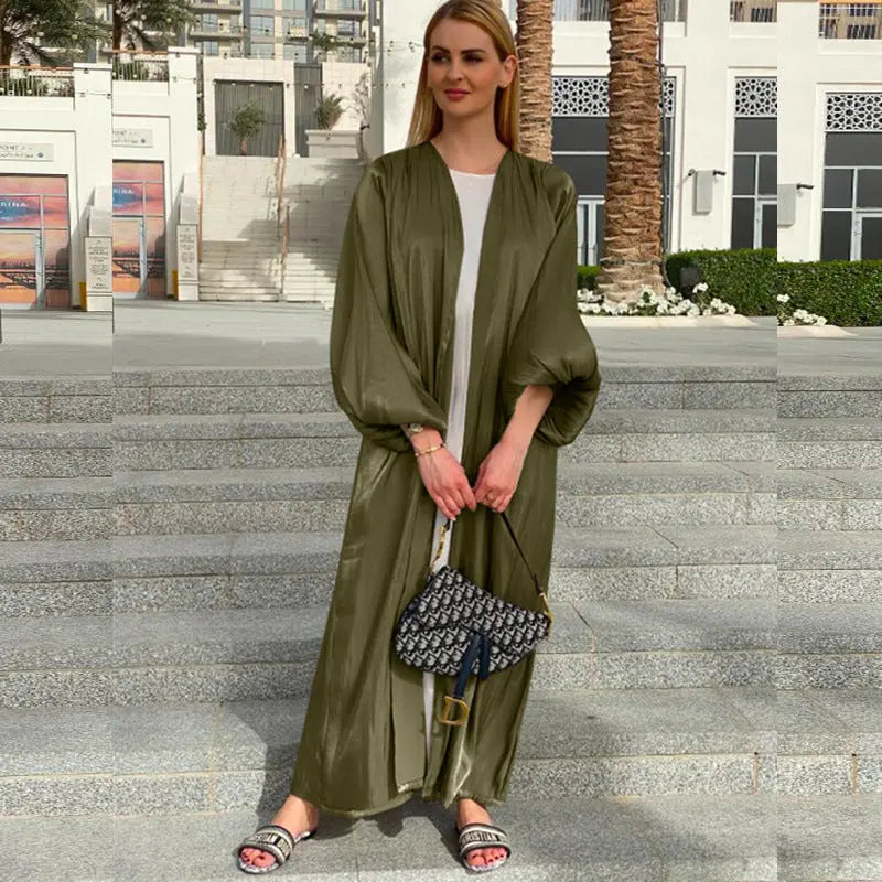 Eid Muslim Abaya Dress Kimono For Women Fashion Shining Silklike Summer Abayas Cardigan Puff Sleeve Dubai Turkey Clothes 