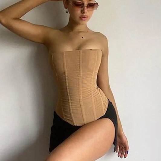 Skinny Sleeveless Tube Top Women Summer New Mesh Crop Corset Tank Party Streetwear Chest 