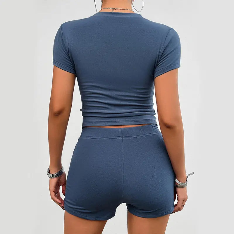 Solid Color Slim Sports Suit Summer 2Pcs Short-sleeved Round Neck T-shirt And Elastic Shorts Fashion Womens Clothing 