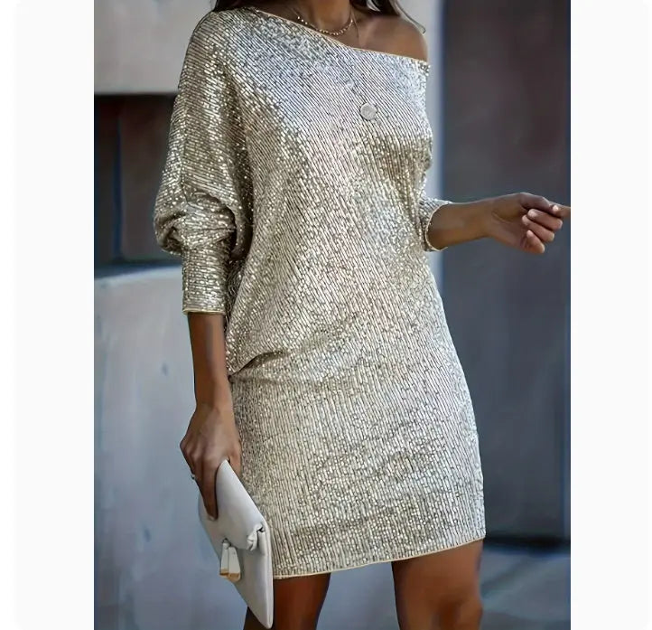 Fashion Oblique Shoulder Sequins Dress Ins Long-sleeved Dresses For Party Women's Clothing 