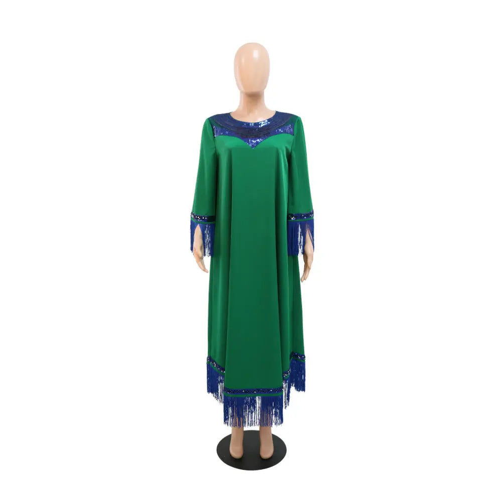 Morocco Women Sequins Tassel Muslim Abaya Kaftan Evening Dress 