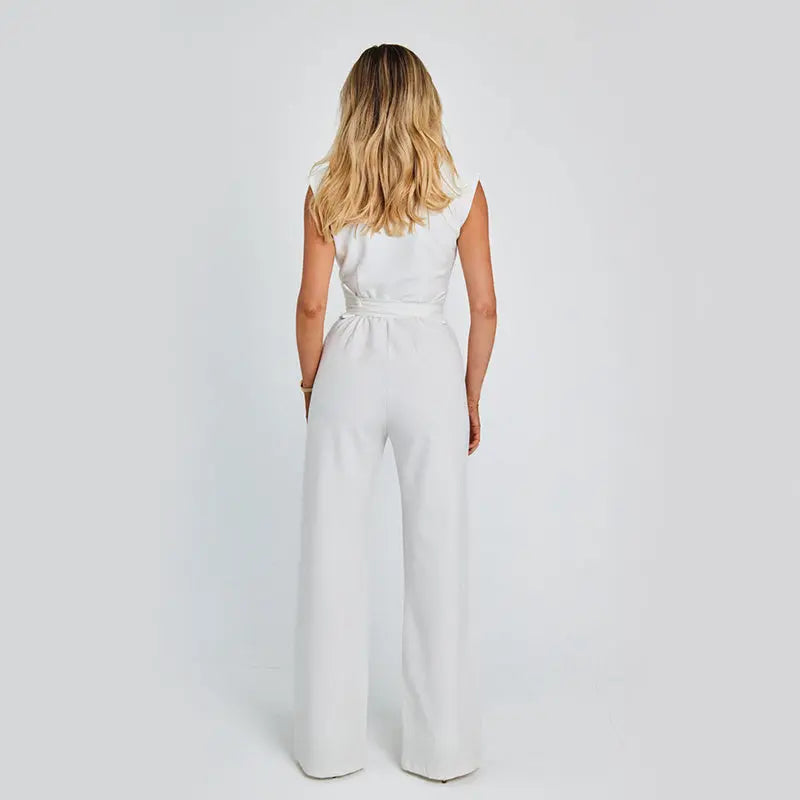 Fashion Elegant Long Sleeveless Jumpsuit Summer V-neck Casual Wide Leg Long Overalls Clothing For Women 