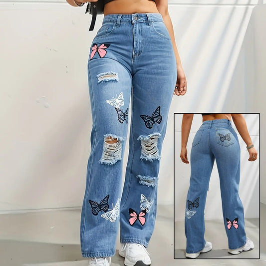 High Waisted Straight Leg Jeans For Women Trendy Butterfly Print Ripped Distressed Denim Pants 
