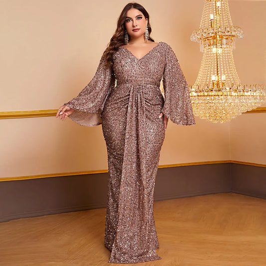 Women's Sequin Long Sleeved V-neck Pleated Dress 
