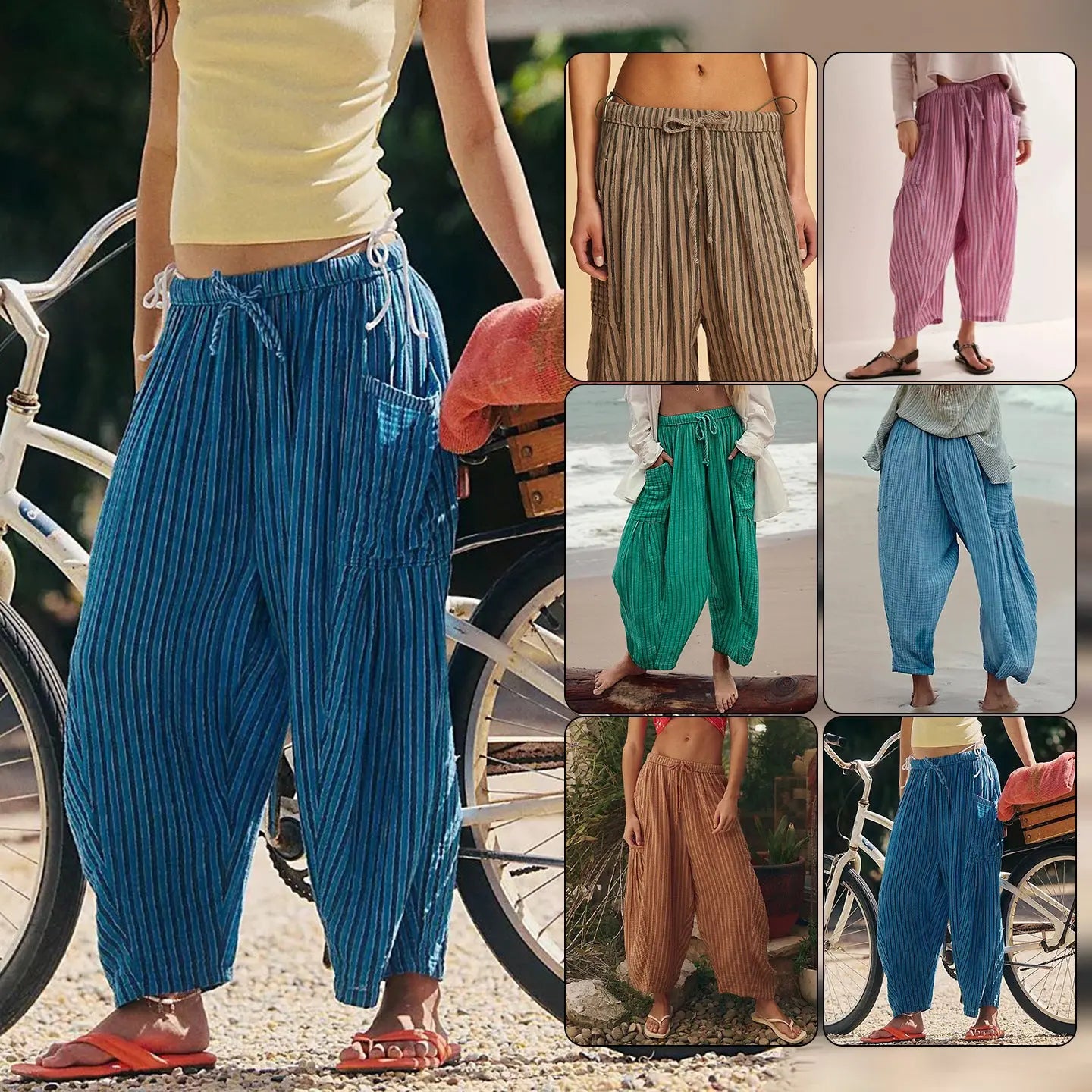 Striped Straight-leg Pants Elastic Waist Cropped Pleated Pants 