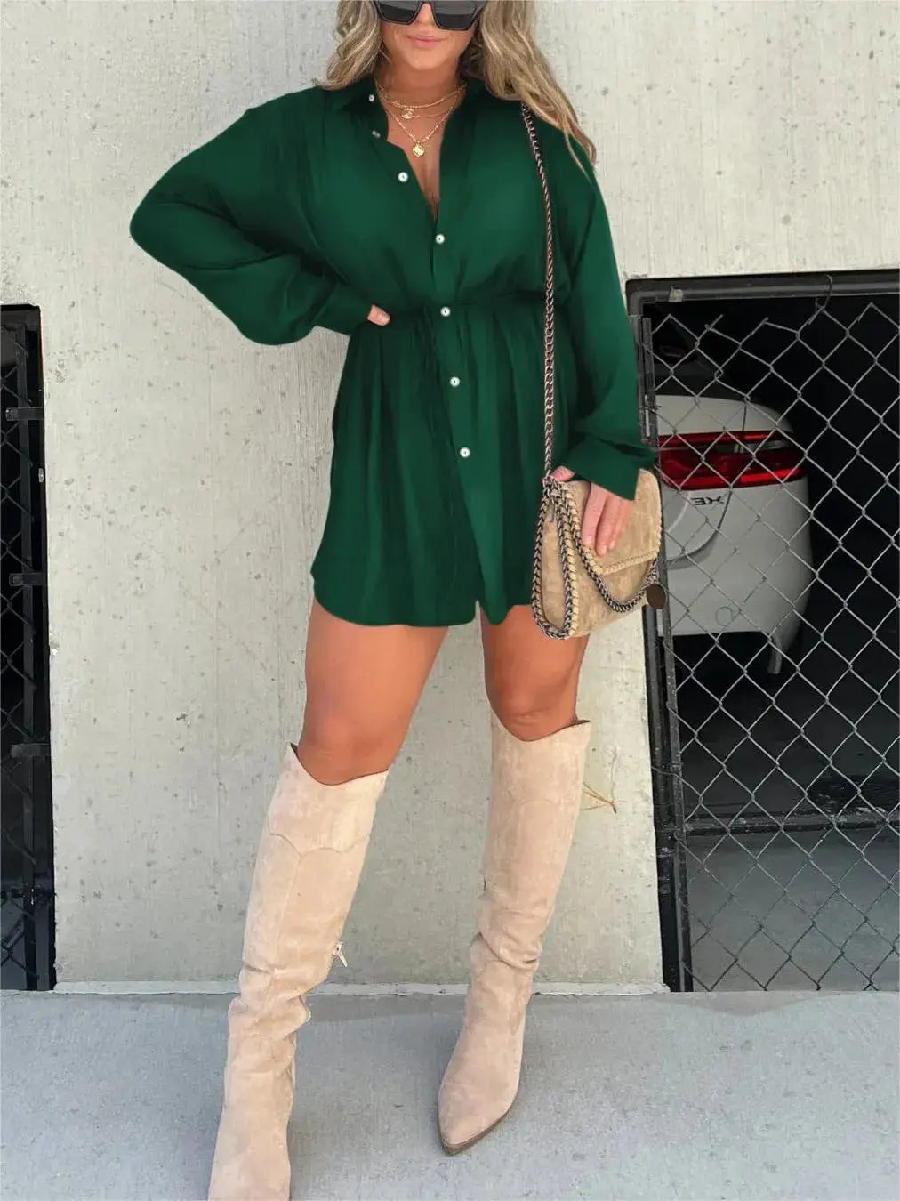 Women's Long Sleeve Jumpsuit With Button Fashion Shirt Dress 