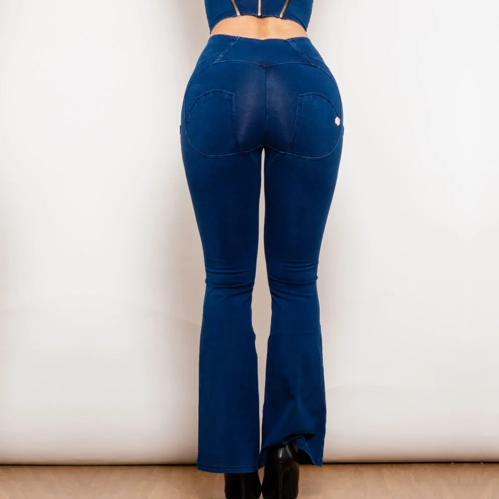 Shascullfites Melody Dark Blue Flared Lift Jeggings Button Up Jeans Bum Lift Jeans High Waist Flare Jeans Women 
