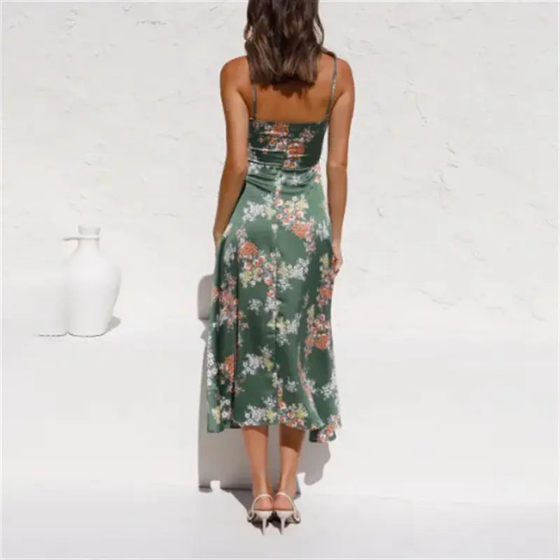 Flower Print Split Suspender Dress With Hollow Bowknot Design Ins Fashion Sleeveless Beach Dresses Summer Women's Clothing 