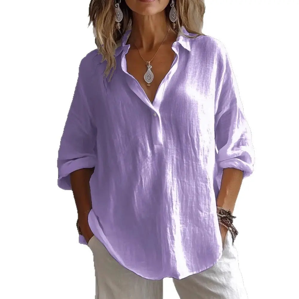 Fashion Long-sleeved Lapel Pullover Shirt Casual Loose Solid Color T-shirt Tops Women's Clothing 