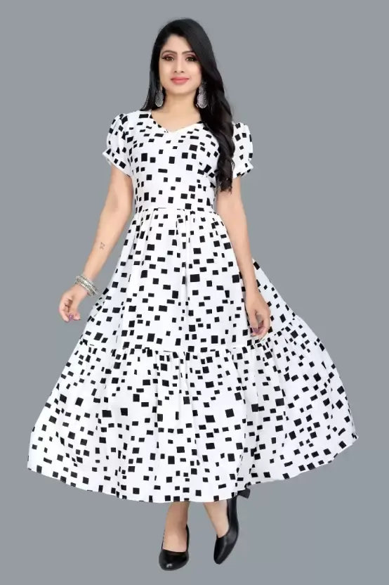 Women's Printed Crepe Stitched Anarkali Gown (White) (Size S) 