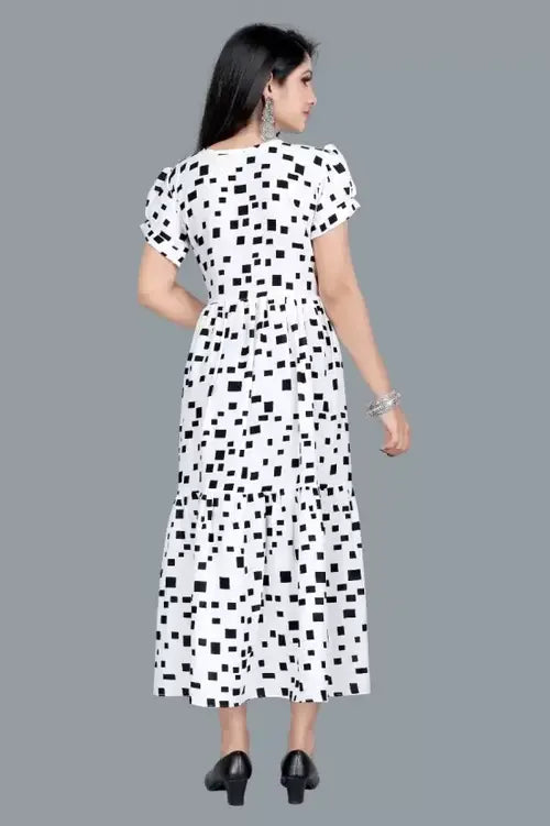 Women's Printed Crepe Stitched Anarkali Gown (White) (Size S) 