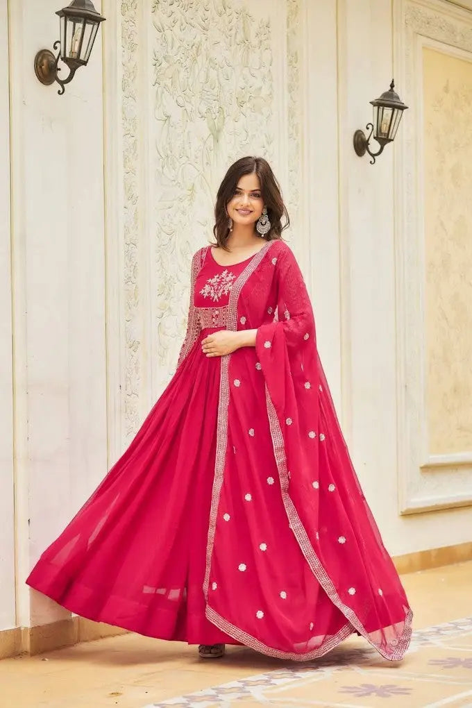 Women Semi-Stitched Long Gown Dress Color Pink 