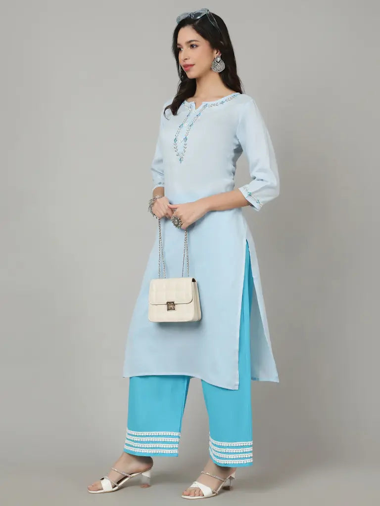 Beautifull Blue Cotton Straight Kurta and Palazzos set For Women Size 