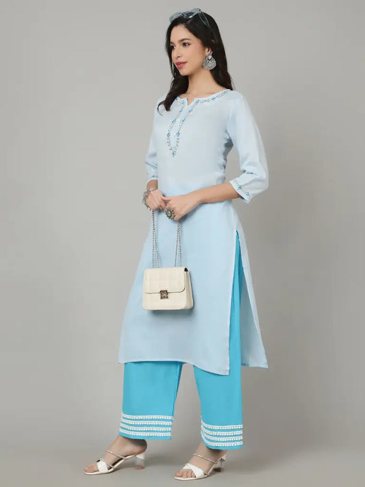 Beautifull Blue Cotton Straight Kurta and Palazzos set For Women Size 