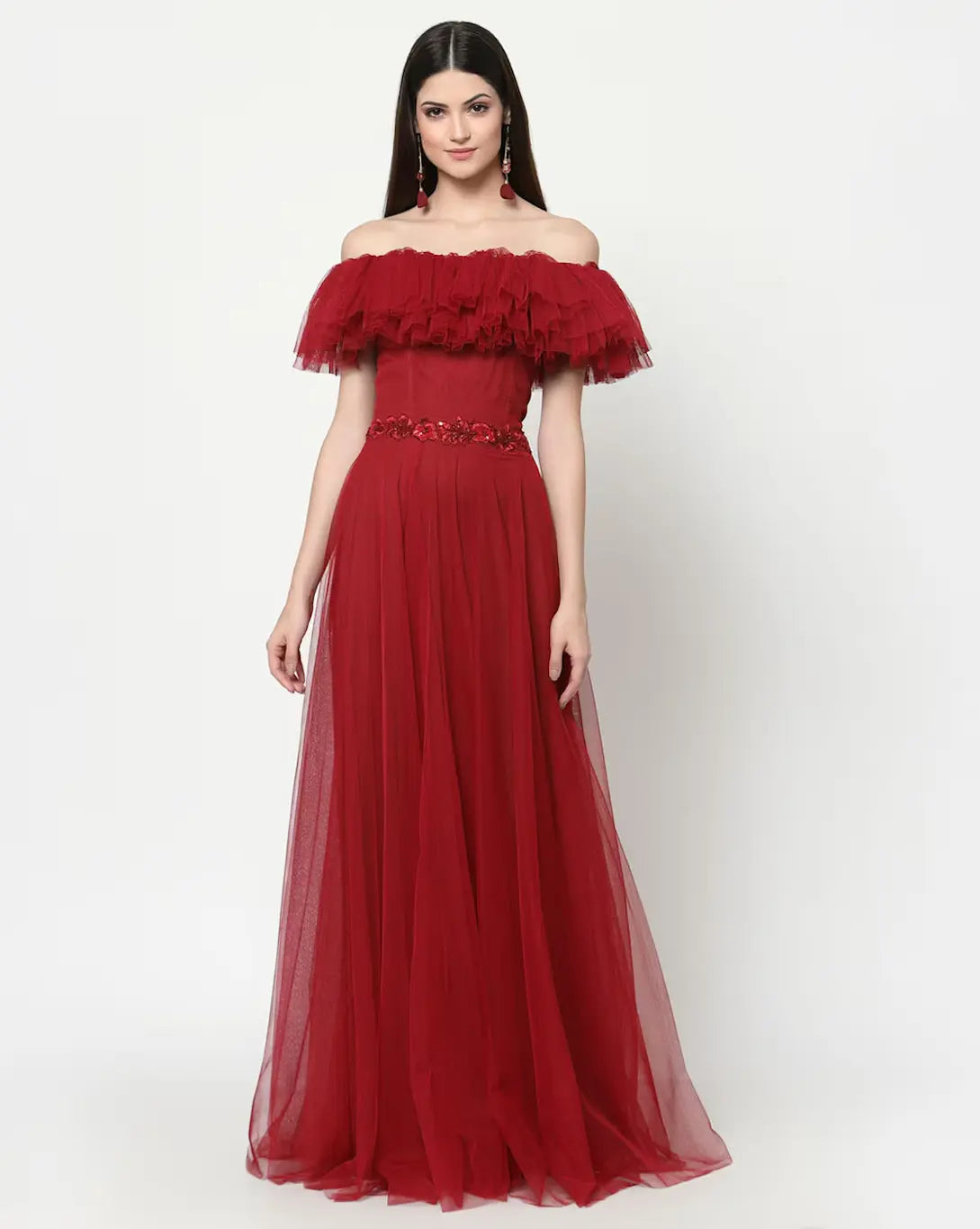 Off-Shoulder Gown Dress (Size-M) (Color-RED) 