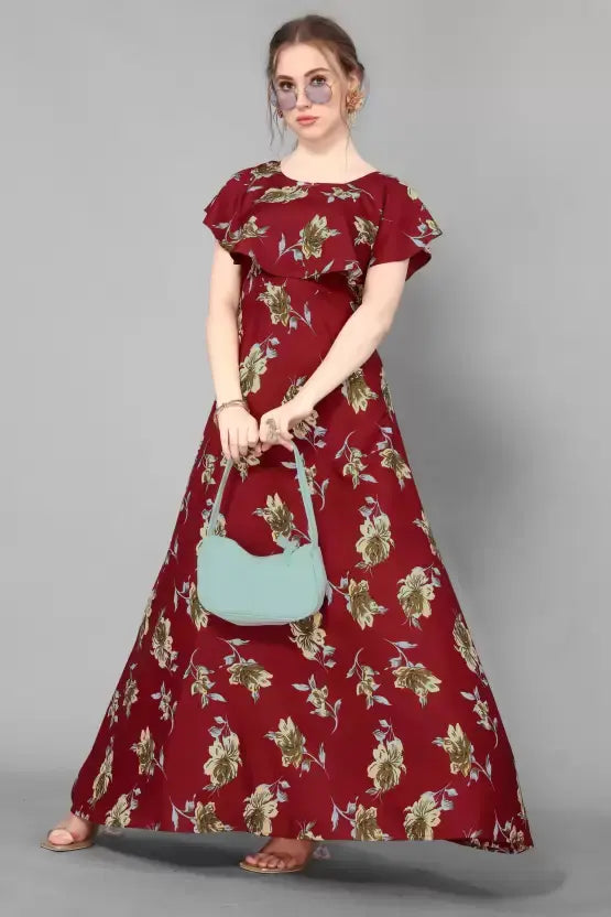 Women's Printed Crepe Stitched Anarkali Gown (Maroon) (Size L) 