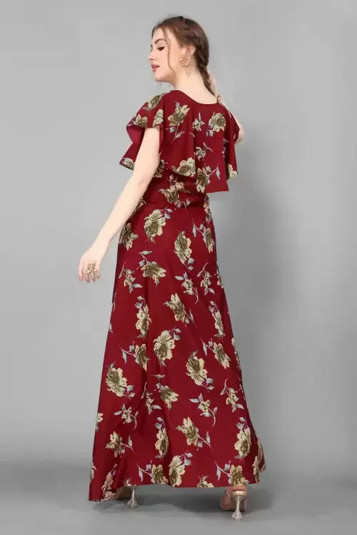 Women's Printed Crepe Stitched Anarkali Gown (Maroon) (Size L) 