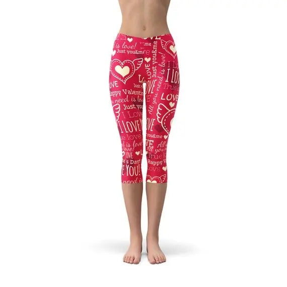 Love Hearts Red Capri Leggings 