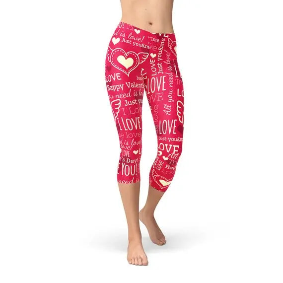 Love Hearts Red Capri Leggings 