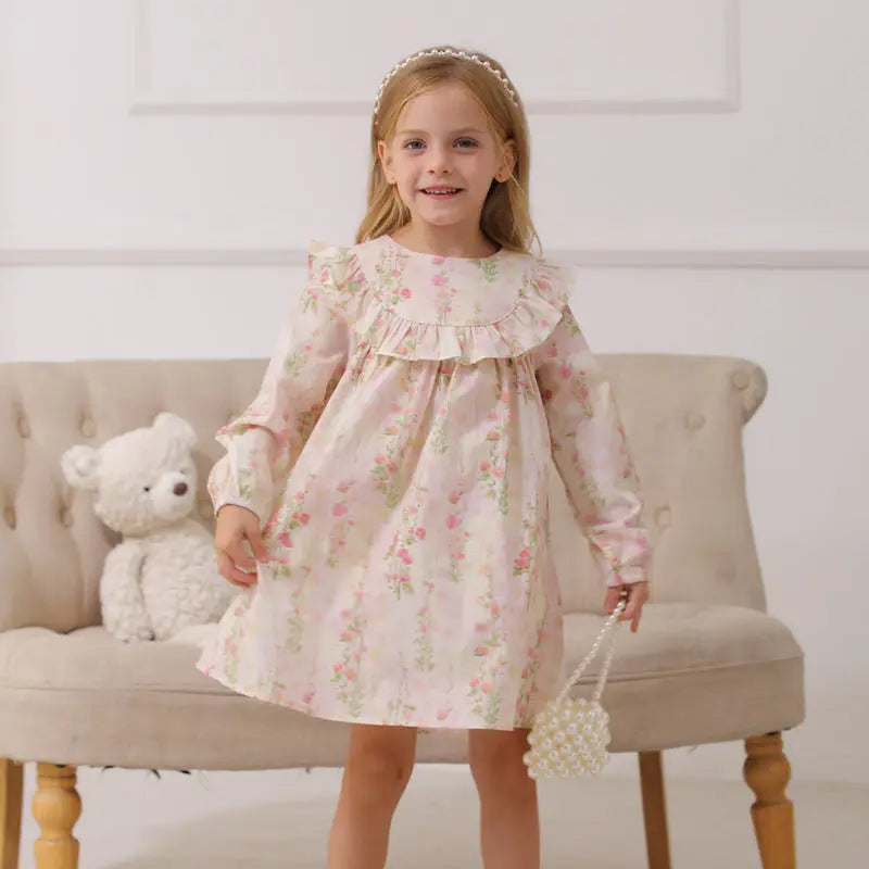 Spring and Autumn Flowers Print Crew Neck Long-sleeved Dress for 