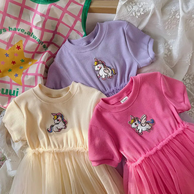 Summer Baby Kids Girls Short-Sleeved Cartoon Unicorn Pattern Mesh 