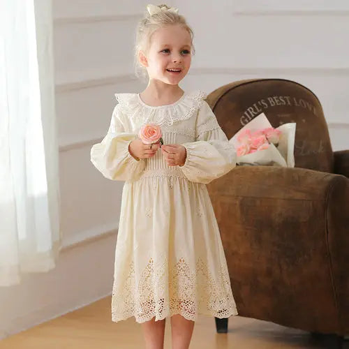 Spring and Autumn Solid Color Long-sleeved Dress with Lace Collar for 