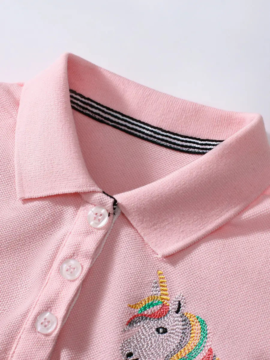 Summer Unicorn Logo Short-sleeved Pink Dress with Turn-down Collar for 