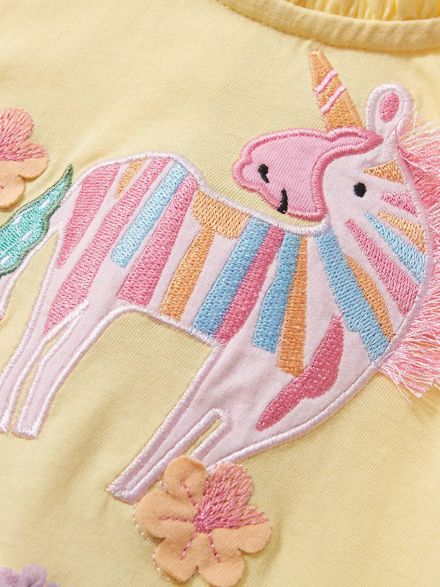 Arrival Summer Girls Unicorn Pattern Crew Neck Short Sleeves Tulle 