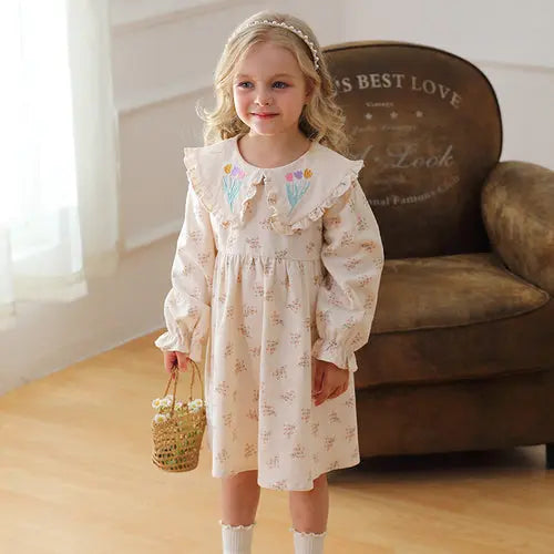 Spring and Autumn Flowers Pattern Long-sleeved Dress for Stylish Girls 