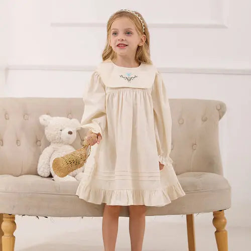 Spring and Autumn Vintage Flowers Embroidered Long-sleeved Dress for 