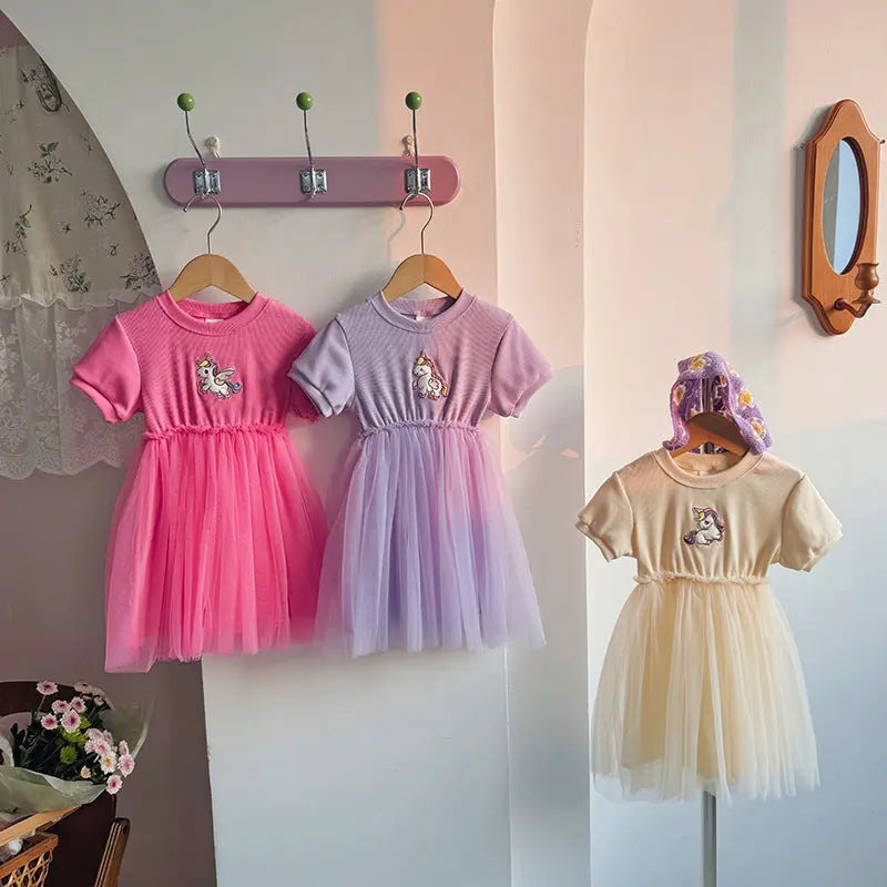 Summer Baby Kids Girls Short-Sleeved Cartoon Unicorn Pattern Mesh 