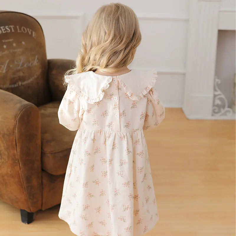 Spring and Autumn Flowers Pattern Long-sleeved Dress for Stylish Girls 