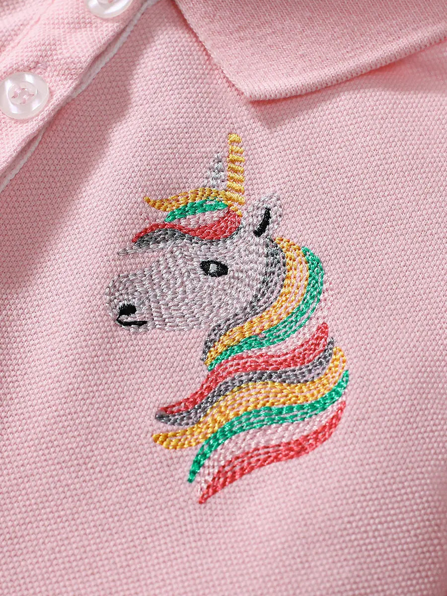 Summer Unicorn Logo Short-sleeved Pink Dress with Turn-down Collar for 
