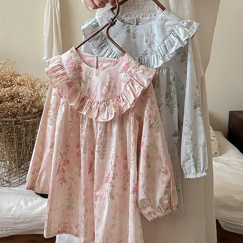 Spring and Autumn Flowers Print Crew Neck Long-sleeved Dress for 